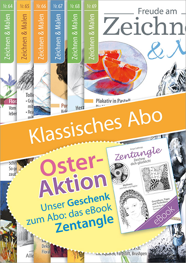 Die Abbildung zeigt das Titelblatt der Zeichenzeitschrift Freude am Zeichnen und Malen Klassisches Abo Osteraktion 2024