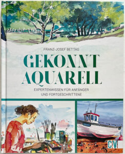Die Abbildung zeigt das Titelblatt des Buches Gekonnt Aquarell: grüne Bäume, eine malende Frau und ein Boot,das am Strand liegt.