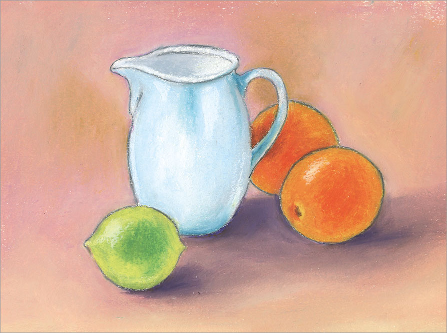 Die Abbildung zeigt ein Stillleben mit einem weißen Krug, zwei Orangen und einer Limette gezeichnet mit Ölpastell aus der Zeitschrift Freude am Zeichnen und Malen Ausgabe 74