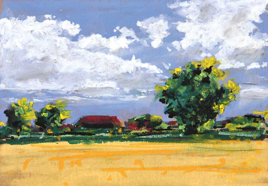 Die Abbildung zeigt eine Sommerlandschaft mit einem angedeuteten Kornfeld im Vordergrund, einer Baum- und Buschreihe im Hintergrund und einem weiten Himmel mit weißen Quellwolken gemalt in Ölpastell. Aus der Zeitschrift Freude am Zeichnen und Malen Ausgabe 75
