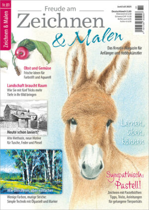 Die Abbildung zeigt die Titelseite der Ausgabe 81 der Zeitschrift Freude am Zeichnen & Malen. Das Hauptmotiv ist Esel gezeichnet mit Pastellstiften. Am linken Seitenrand finden Sie Kirschen mit Farbstift, sowie ein Haus mit Landschaft gezeichnet mit Tusche und Feder, und eine Landschaft gezeichnet mit mutigen Strichen mit Ölpastellen.