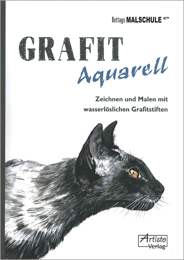 Die Abbildung zeigt das Titelblatt des Buches Grafit Aquarell. Man sieht die rechte Seite einer grauen Siamkatze mit gelben Augen.