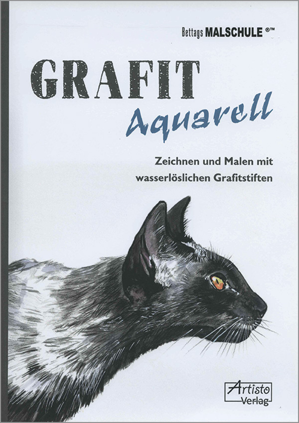 Die Abbildung zeigt das Titelblatt des Buches Grafit Aquarell. Man sieht die rechte Seite einer grauen Siamkatze mit gelben Augen.