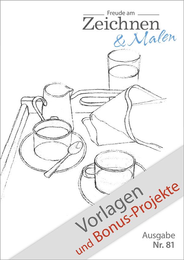 Die Abbildung zeigt das Titelblatt der Zeichenvorlagen mit Bonus-Projekten für die Ausgabe 81 der Zeitschrift Freude am Zeichnen und Malen. Die abgebildete Vorzeichnung zeigt zwei Kaffeetassen, einen kleinen Krug und ein fast volles Glas im Hintergrund, dazu ein eine Stoffserviertee, alles arrangiert auf einem Tablett.