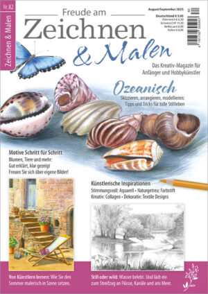 Die Abbildung zeigt die Titelseite der Ausgabe 82 der Zeitschrift Freude am Zeichnen & Malen. Das Hauptmotiv ist ein Stillleben mit Strandmuscheln gezeichnet mit Farbstift. Links oben ist ein Schmetterling abgebildet, ebenfalls gezeichnet mit Farbstift. Das Bild unten links zeigt eine Sommerstimmung mit Liegestuhl, Buch und Hut vor einer gemauerten Häuserwand mit Tür und Treppe, dazu Blumen in mehreren Töpfen gemalt in Aquarell. Die Bleistiftzeichnung rechts daneben zeigt ein Auenlandschaft.