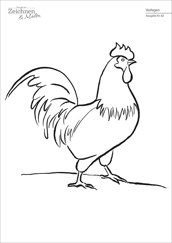 Die Abbildung zeigt die Zeichenvorlage für das Projekt "Gockel" aus der Zeitschrift Freude am Zeichnen & Malen Ausgabe 82
