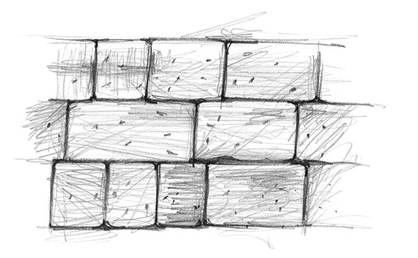 Die Abbildung zeigt ein Mauer aus Betonsteinen gezeichnet mit Bleistift