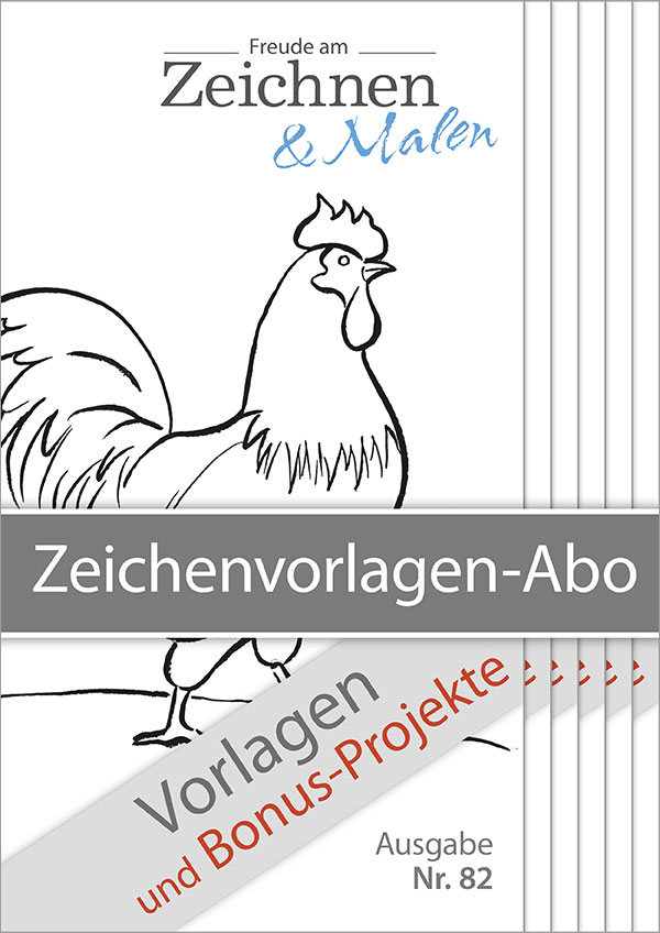 Die Abbildung zeigt das Produktbild für das Zeichenvorlagen-Abo mit einem Hahn als Hauptmotiv aus der Ausgabe 82 der Zeitschrift Freude am Zeichnen und Malen