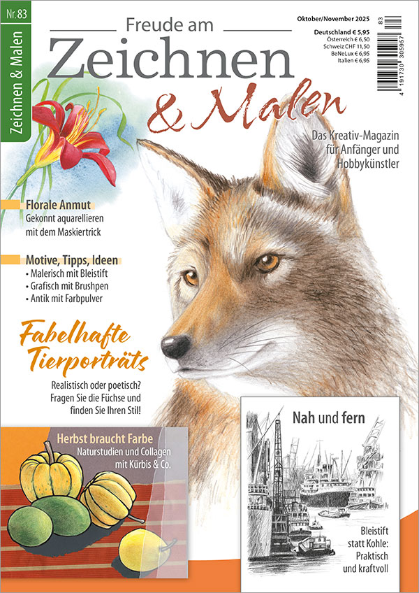 Die Abbildung zeigt die Titelseite der Ausgabe 83 der Zeitschrift Freude am Zeichnen & Malen. Das Hauptmotiv ist ein mit Farbstift realistisch gezeichnete Porträt eines Fuchses. Weitere Motive sind: eine Lilie gemalt in Aquarell, eine Collage mit Kürbissen und eine kraftvoll mit Bleistift gezeichnete Hafenansicht.
