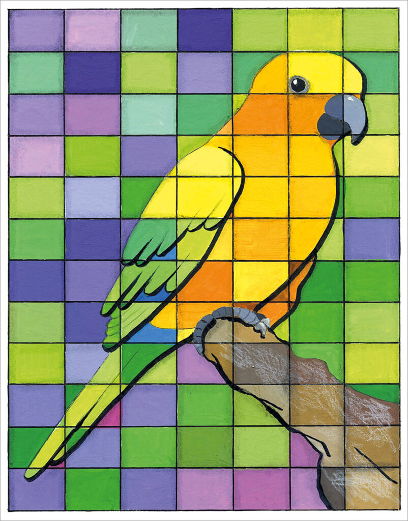 Die Abbildung zeigt eine grafische Umsetzung eines Papageis auf rechteckig gerastertem farbigen Hintergrund. Gemalt mit Deckfarben und mit schwarzem Brushpen ergänzt.