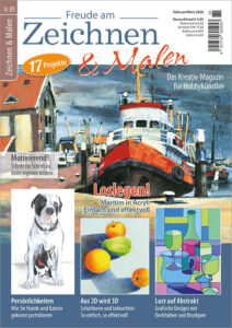 Die Abbildung zeigt die Titelseite der Zeitschrift Freude am Zeichnen & Malen Ausgabe 85. Das Hauptmotiv ist ein Boot im Hafen gemalt in Acryl. Darunter werden drei weitere Bilder gezeigt: Ein großer Hund mit einem kleineren zwischen seinen Vorderpfoten, ein farbiges Stillleben mit Obst und ein flächig abstraktes Stillleben mit Krug, Flasche und Gläsern.