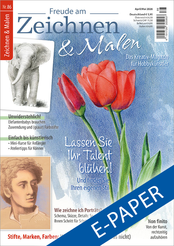 Die Abbildung zeigt die Titelseite der E-Paper-Ausgabe der Zeitschrift Freude am Zeichnen & Malen Nr. 86. Das Hauptmotiv sind rote Tulpen vor blauem Hintergrund, gemalt und gezeichnet in einer Multitechnik aus Aquarell und Farbstift. Am linken Heftrand steht eine Bleistiftzeichnung eines Babyelefanten sowie ein Porträt eines jungen Mannes gezeichnet mit Farbkreiden auf beigen Pastellpapier.