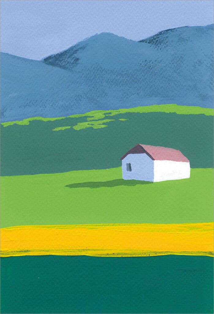 Die Abbildung zeigt ein kleines Haus auf einer grünen Wiese vor einer Berglandschaft gemalt mit Gouache. Aus der Zeitschrift Freude am Zeichnen & Malen Nr. 86.