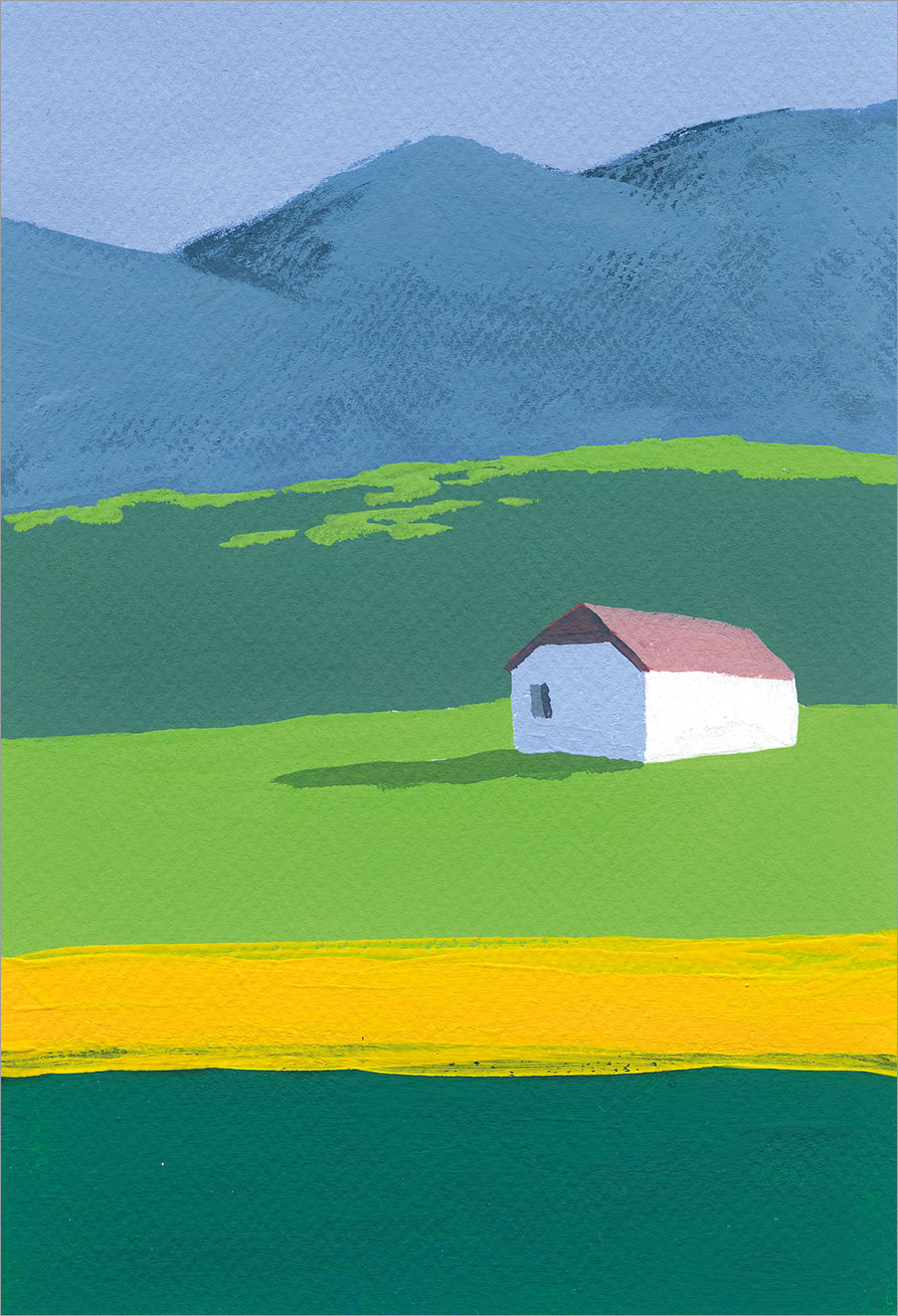 Die Abbildung zeigt ein kleines Haus auf einer grünen Wiese vor einer Berglandschaft gemalt mit Gouache. Aus der Zeitschrift Freude am Zeichnen & Malen Nr. 86.