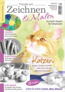 Die Abbildung zeigt die Titelseite der Zeitschrift Freude am Zeichnen & Malen Ausgabe 87. Das Hauptmotiv ist ein Katzenporträt gemalt in Aquarell.