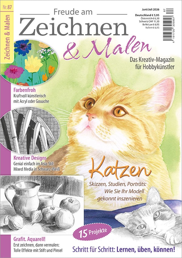 Die Abbildung zeigt die Titelseite der Zeitschrift Freude am Zeichnen & Malen Ausgabe 87. Das Hauptmotiv ist ein Katzenporträt gemalt in Aquarell.