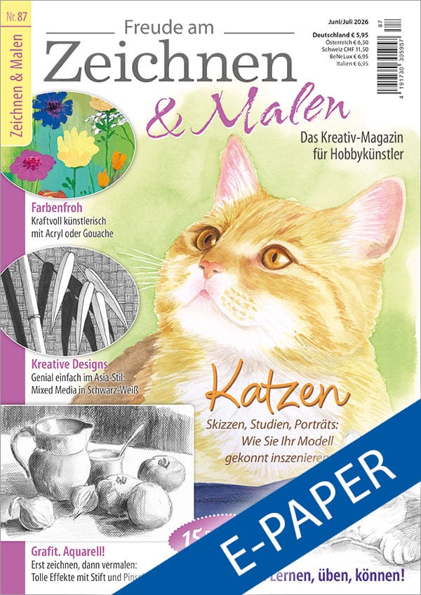 Die Abbildung zeigt die Titelseite der E-Paper-Ausgabe der Zeitschrift Freude am Zeichnen & Malen Nr. 87. DDas Hauptmotiv ist ein Katzenporträt gemalt in Aquarell.
