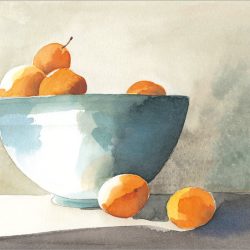 Die Abbildung zeigt eine weiße Obstschale mit dunkelblauen Eigenschatten vor einer beigen Wand auf einem hell beschienenen Tisch. In und außerhalb der Schale liegen Aprikosen gemalt in einem hellen bis dunklen Orange. Das Malprojekt mit Aquarellfarben erscheint in der Ausgabe Nr. 76 der Zeitschrift Freude am Zeichnen und Malen.