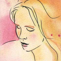 Die Abbildung zeigt ein mit schwungvollen Linien des Brushpens gezeichnetes Porträt einer jungen Frau. Der Hintergrund ist flächig mit Aquarellfarben gestaltet. Gesprenkelte Akzente werden mithilfe einer alten Zahnbürste aufgetragen.