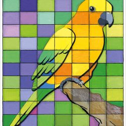 Die Abbildung zeigt eine grafische Umsetzung eines Papageis auf rechteckig gerastertem farbigen Hintergrund. Gemalt mit Deckfarben und mit schwarzem Brushpen ergänzt.