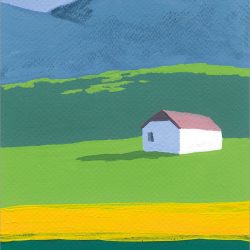 Die Abbildung zeigt ein kleines Haus auf einer grünen Wiese vor einer Berglandschaft gemalt mit Gouache. Aus der Zeitschrift Freude am Zeichnen & Malen Nr. 86.